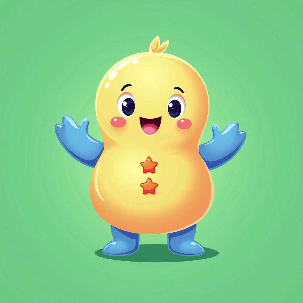 Create a playful character design featuring a smiling, round-bodied figure with outstretched arms. Change the color of the body to a light golden hue and the limbs to a soft pastel blue. The face should have two large, round eyes and a wide smile. Instead of buttons, add small star shapes down the front. Set the character against a vivid green background. Ensure the overall look is cheerful and whimsical, avoiding any specific brand references.