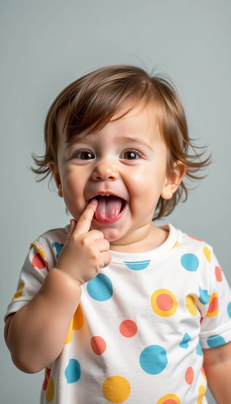 Create an image of a playful toddler with a cheeky expression, sticking out their tongue and playfully pointing at their chin. Change the setting to a soft pastel backdrop instead of gray, and have the child wearing a colorful, patterned shirt rather than a solid white one. Ensure the focus remains on the child's expression and playfulness, eliminating any reference to brands or logos.