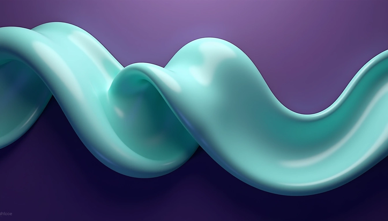 Create an abstract design featuring three smooth, intertwined shapes in a light teal color against a deep purple background. The shapes should have a glossy finish and vary in thickness, resembling flowing ribbons. Remove any brand references or logos. Experiment with the positioning of the shapes to create a sense of depth and movement.