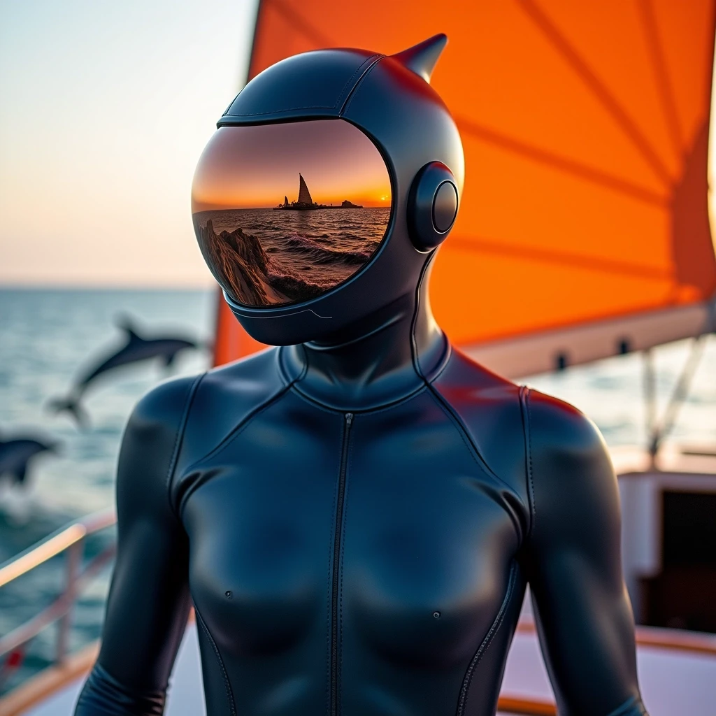 Create an image of a figure in a sleek, futuristic diving suit with a matte navy blue finish. The helmet features a reflective visor that shows a vibrant underwater scene instead of a landscape. Position the figure on a yacht with a large, orange sail billowing in the wind, while dolphins leap gracefully in the water nearby. Adjust the lighting to create a warm sunset atmosphere, enhancing the overall adventure vibe. Avoid any brand labels or identifiable marks in the design.