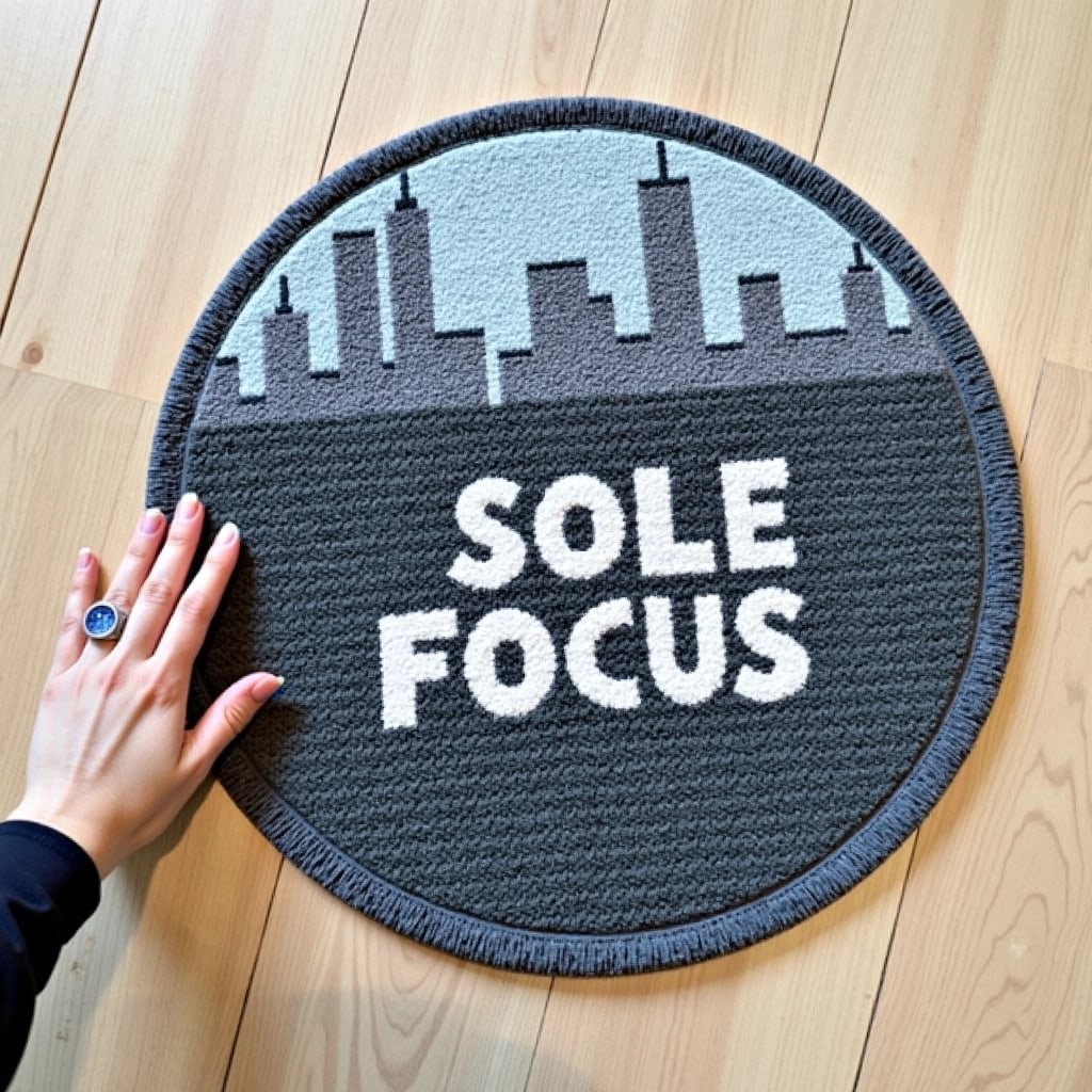 Describe a circular rug with a minimalist urban motif featuring a simple city skyline in shades of blue and gray at the top. The central area has bold, stylized text in white that reads "SOLE FOCUS." The rug's border features a textured, darker fabric. The hand holding the rug is adorned with a simple, elegant ring. The background is a light wood floor, giving a clean and modern aesthetic.