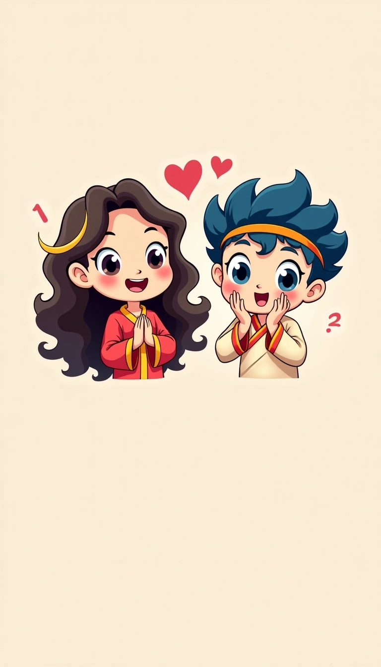 Create a cute cartoon image featuring two characters on a light pastel background.
- Character 1: A girl with long, wavy hair, wearing a bright red and gold dress, and showcasing big, expressive eyes with a cheerful smile. She holds her hands together in front of her chest, exuding joy.
- Character 2: A boy with short, curly hair, painted in a vibrant blue color. He wears a simple orange headband and a light traditional outfit. His expression is playful, with a big smile and eyes wide open, placing his hands near his cheeks.
Above them, replace the names with more generic terms like "Friend 1" and "Friend 2," keeping the heart symbols.