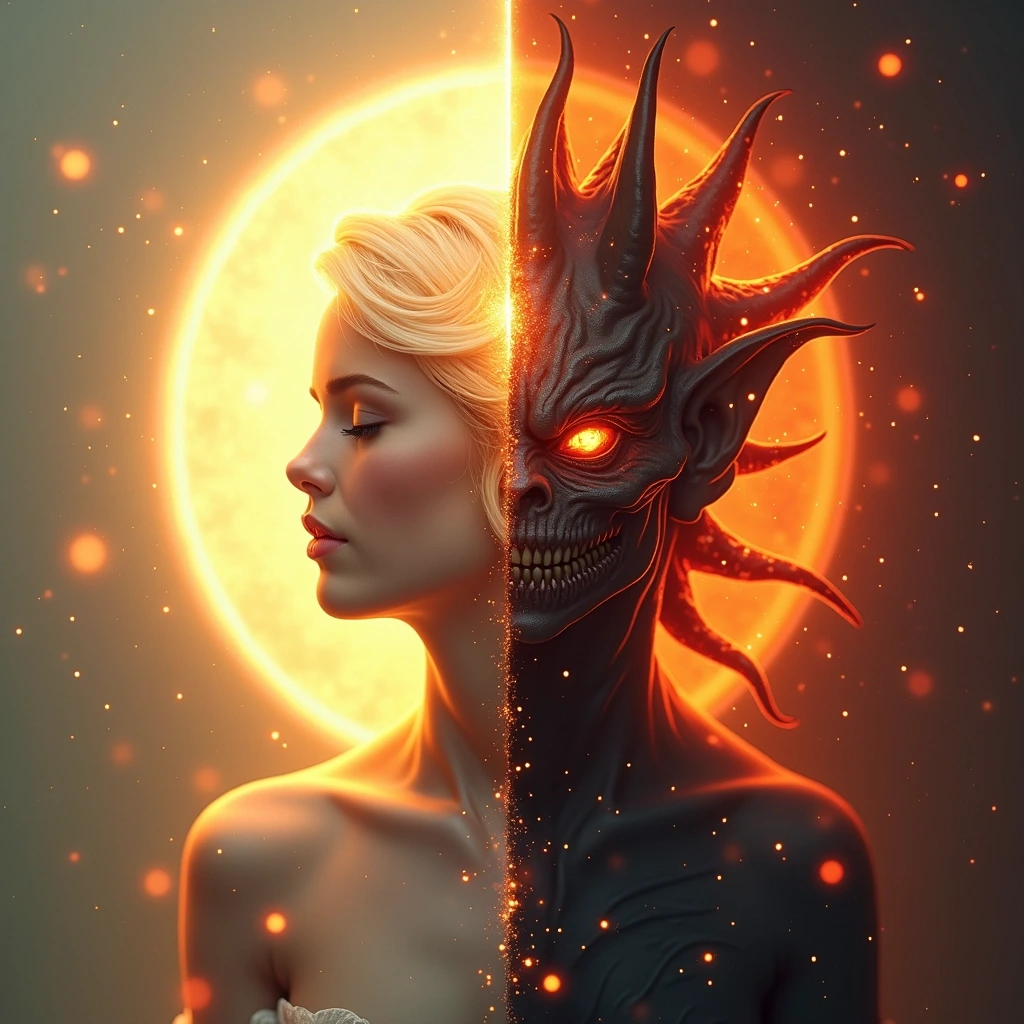 Create an image featuring a serene figure on one side, radiating light with a glowing halo behind them, and on the other side, a menacing creature with fiery elements and sharp features. The background should transition from soft, warm colors on the serene side to dark, intense reds and oranges on the menacing side. Replace any text with generic terms such as "Peace" on the serene side and "Chaos" on the menacing side.