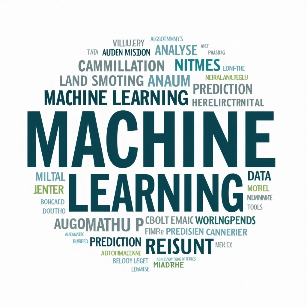 **Prompt:**
Create a word cloud design centered around the theme of "Machine Learning" with the following features:
- Highlight the phrases "MACHINE LEARNING" in bold and large font.
- Use a color palette of blues, grays, and greens.
- Include related words such as:
- Algorithms
- Data
- Analysis
- Automation
- Prediction
- Training
- Precision
- Insight
- Models
- Neural Networks
- Applications
- Arrange the words of varying sizes to reflect their relevance to machine learning, with the most significant terms being larger and bolder.
- Remove any brand references and ensure the overall look is balanced and engaging.