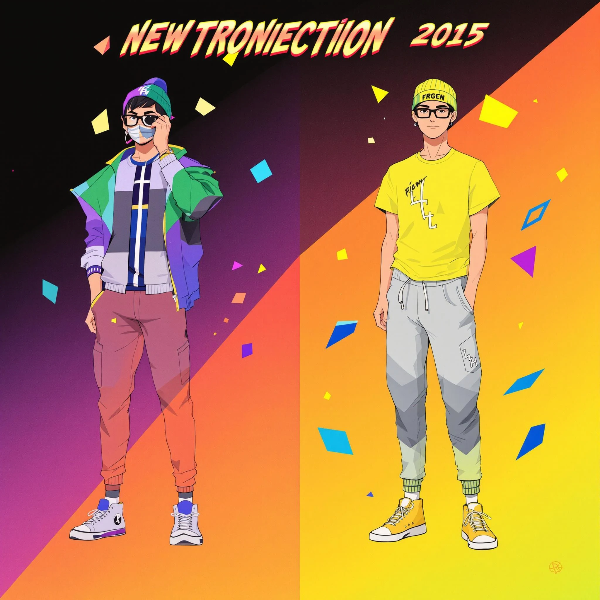 **Design Breakdown with Changes:**
- **Character Pose**: Change the pose to a more dynamic action, such as jumping or spinning.
- **Clothing Style**: Alter the jacket to a short-sleeved shirt, and modify the pants to a jogger style with a tapered leg.
- **Color Palette**: Shift the colors to a cool tone, using blues and greys instead of orange and green.
- **Accessories**: Replace the cap with a beanie and remove the glasses to create a fresh look.
- **Footwear**: Update the shoes to a high-top style with a simpler design and a more neutral color.
- **Background**: Change the background to a vibrant gradient instead of a solid color, adding depth to the image.
- **Additional Elements**: Incorporate playful geometric shapes in contrasting colors around the character for a more energetic feel.
This redesign retains a lively, modern aesthetic while offering a distinct character and style.