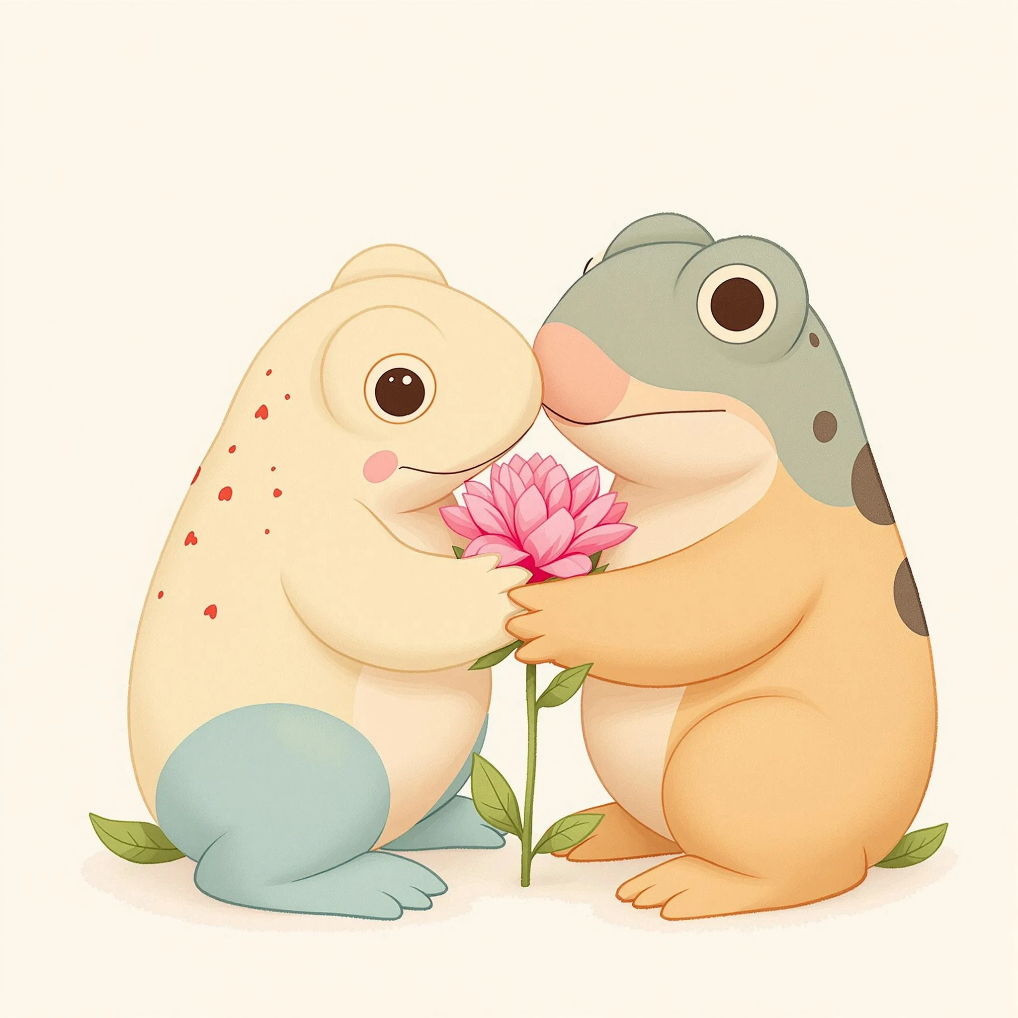 Illustrate a scene featuring two whimsical, plush-like creatures resembling frogs and a kapibara. One frog is soft beige with small red accents, and the other is a muted teal with dark spots. They are gently leaning towards each other, holding a vibrant pink flower between them. The kapibara is observing this interaction. Keep the background simple and light to emphasize their interaction, incorporating subtle green leaves around the stem of the flower. Ensure the frogs' eyes are a natural brown color and the texture details are smooth for a softer appearance.