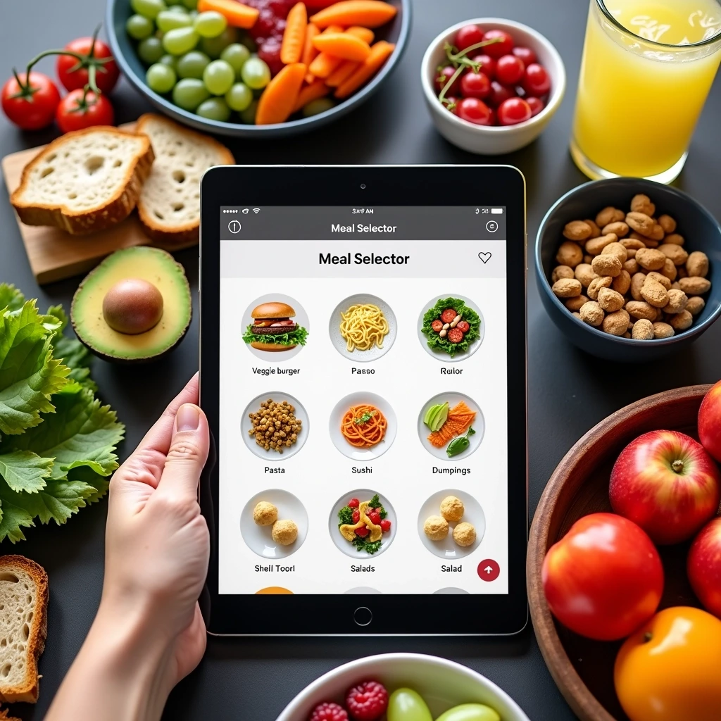 Create an image that features a sleek tablet displaying a "Meal Selector" app. The interface should include categories for different cuisines and a collection of varied dish icons like a veggie burger, pasta, sushi, dumplings, and salads. Surround the tablet with a variety of colorful, gourmet food items such as avocado toast, fresh fruit, and artisanal bread. Include a glass of lemonade and a bowl of mixed nuts nearby for a casual dining atmosphere. Ensure no brand references are visible.