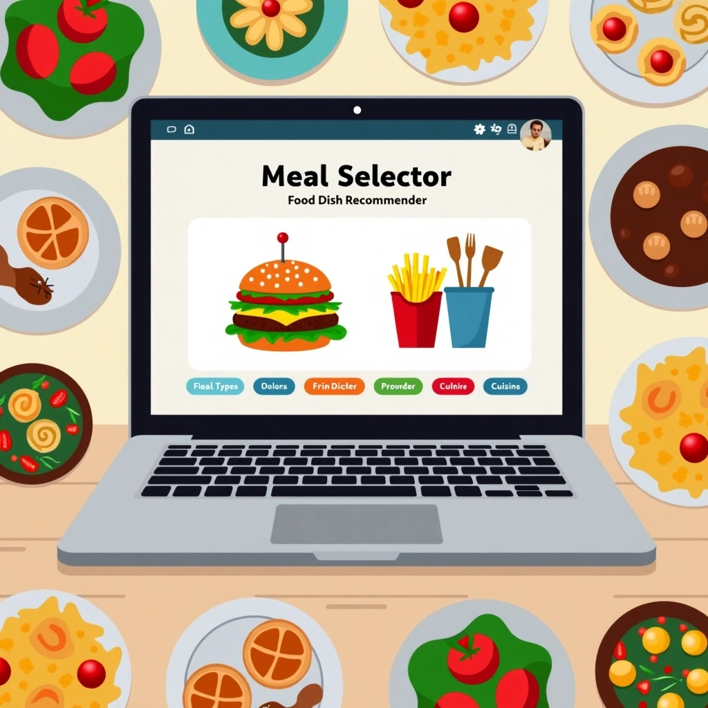 Create an image featuring a laptop displaying a "Meal Selector" interface instead of "Food Dish Recommender." The interface should include dropdown options for meal types, dietary preferences, and cuisine types. Feature a colorful, stylized sandwich instead of a hamburger, alongside a cup of fruit instead of fries. Surround the laptop with a variety of dishes, including a vibrant salad, pasta, and assorted pastries. Remove any brand logos and ensure a clean, inviting layout.