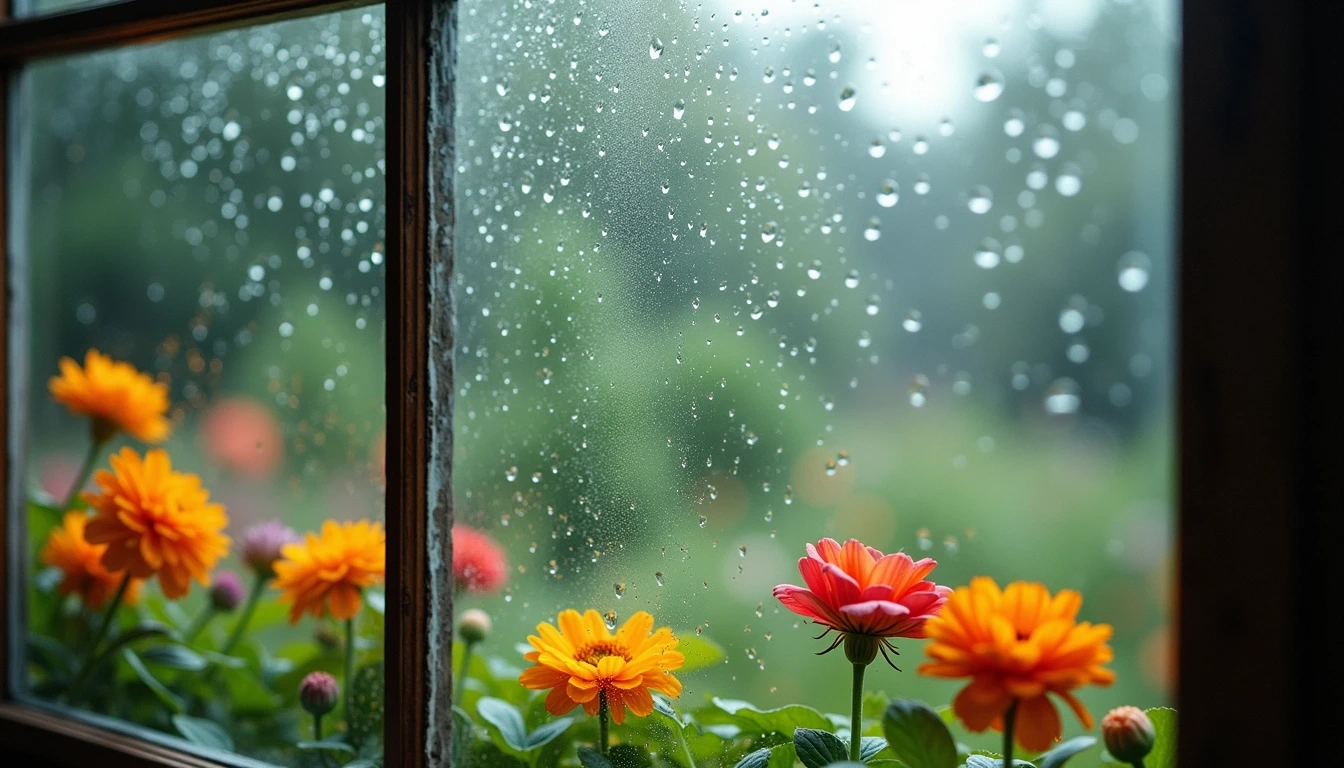 Create an image of a rain-soaked window looking out into a vibrant garden. The glass should be obscured with droplets, and the light should create a soft, ethereal glow. Add hints of colorful flowers in the foreground while ensuring the background remains blurred for depth. Remove any brand references and avoid recognizable logos. The overall mood should evoke a sense of tranquility and connection to nature.