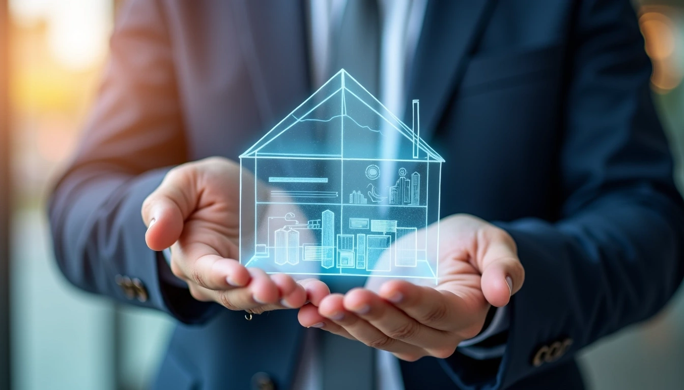 Create an image featuring a person in a business suit holding a transparent, slightly futuristic building design instead of a traditional house. The background should consist of soft, colorful bokeh lights instead of the existing blurred effect. Remove any brand elements or specific logos, focusing solely on the concept of modern architecture and professionalism.