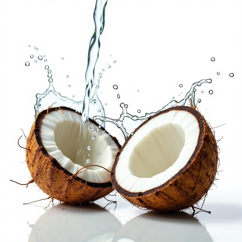Create an image featuring two split open tropical fruits with a textured brown exterior and creamy white interior. Instead of coconut water, depict clear, refreshing water being poured from above, creating splashes and droplets around the fruits. Use a clean, white background to enhance the freshness and vibrancy of the scene.