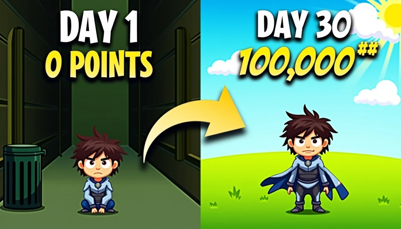 **Design Breakdown (Modified)**:
**Layout**: Split screen design with a left and right section.
**Left Side**:
- Background: A simple dark alley with subtle details like a trash can.
- Character: A boy with messy hair, looking disheveled, sitting on the ground with a frown.
- Text: "DAY 1" in bold, stylized font at the top left, with a smaller caption below that says "0 Points".
**Arrow**:
- A curved arrow pointing right to indicate progression.
**Right Side**:
- Background: Bright, sunny sky with fluffy clouds and a green field.
- Character: A fully upgraded version of the boy, now with a futuristic outfit and a confident stance.
- Text: "DAY 30" in bold, vibrant font at the top right, with a larger caption below that says "100,000 Points".
**Color Scheme**:
- Left side: Darker tones (greens and browns).
- Right side: Bright tones (blues and yellows).
**Overall Theme**: Progression from struggle to success over time, illustrated through character transformation and point accumulation.