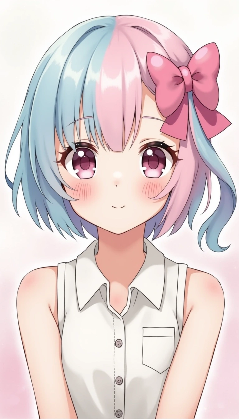 Create an illustration of a young girl with a unique hairstyle featuring a side part. Instead of a half-and-half color scheme, use pastel pink and light blue for her hair. Change her expression to a cheerful smile. She should be wearing a simple sleeveless blouse instead of a collared shirt and have an oversized bow on one side of her hair. The background should be a soft, abstract gradient instead of a solid color.