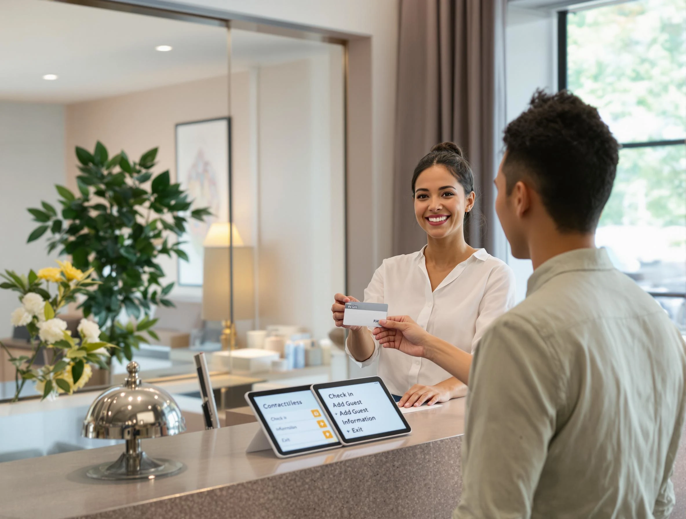Create a scene featuring a friendly receptionist in a modern office setting. The receptionist, with a warm smile, is reaching out to receive a contactless payment card from a customer. The reception desk has a sleek design with a shiny silver bell and a tablet displaying options such as "Check In," "Add Guest," "Information," and "Exit."
The background features a well-lit space with stylish decor, soft colors, and a large window letting in natural light. The customer is dressed casually, and the receptionist is wearing a professional but approachable outfit. Ensure no brand logos or names are included in the design.