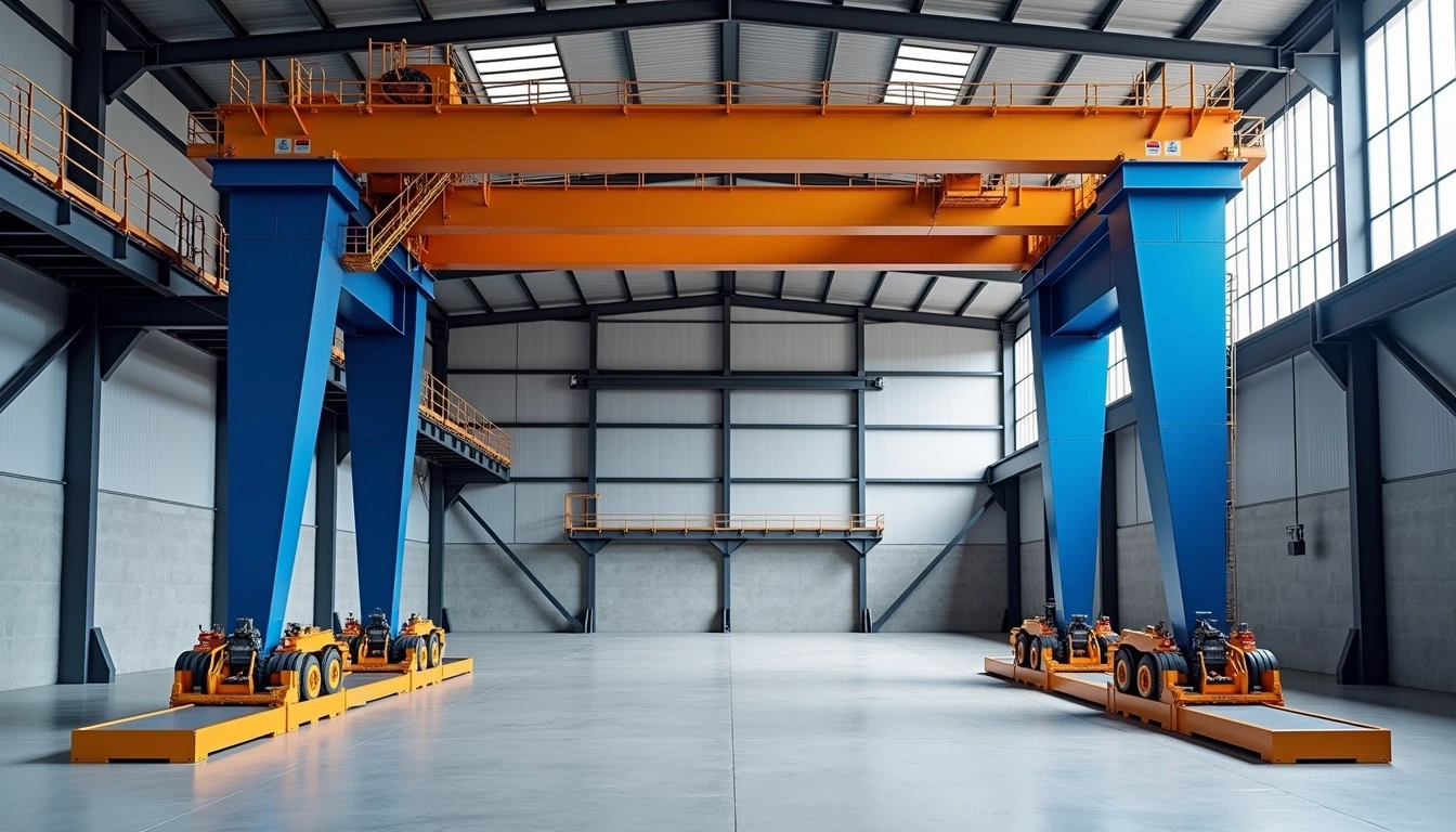 **Prompt for Design Breakdown:**
1. **Setting:** An industrial warehouse with high ceilings.
2. **Main Feature:** A large gantry crane, modified to have a blue color instead of orange, with a sleeker, more modern design. The bridge should have a streamlined shape, with fewer protrusions.
3. **Supporting Elements:**
- The wall should be a textured gray concrete with large windows allowing natural light.
- Replace scaffolding with a more minimalist metal framework.
4. **Additional Touches:**
- Replace hanging lights with energy-efficient LED panels mounted on the ceiling.
- Add a few safety barriers along the edges of the platforms for enhanced safety.
5. **Overall Aesthetic:** Maintain a clean, professional look with a focus on functionality and modernity, avoiding any brand logos or identifiable features.