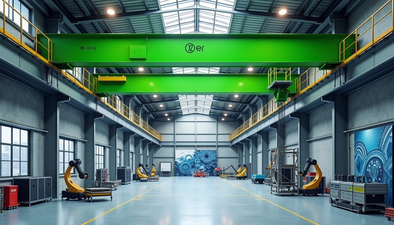 Design Breakdown:
1. **Setting**: An industrial warehouse with tall ceilings and ample natural light from large windows.
2. **Bridge Crane**: A bright green painted bridge crane spans the overhead space, featuring a modern design with smooth, rounded edges.
3. **Support Structure**: Instead of concrete walls, use a combination of steel and reinforced glass beams for a more contemporary feel.
4. **Surrounding Equipment**: Replace the metal scaffolding with portable, collapsible work platforms made of aluminum for easier mobility.
5. **Lighting**: Utilize circular LED lights hanging from the ceiling for an even distribution of light rather than the industrial fixtures shown.
6. **Wall Feature**: Add a large, dynamic mural depicting abstract machinery or gears to one of the warehouse walls for visual interest.
7. **Color Scheme**: Incorporate a cooler color palette, with blues and greys dominating the aesthetics, contrasting with the bright green of the crane.
8. **Additional Equipment**: Include a few collaborative robots (cobots) positioned near the base of the crane, showcasing advanced technology integration in the workspace.
Using these features, the overall design would present a modern, efficient industrial workspace.