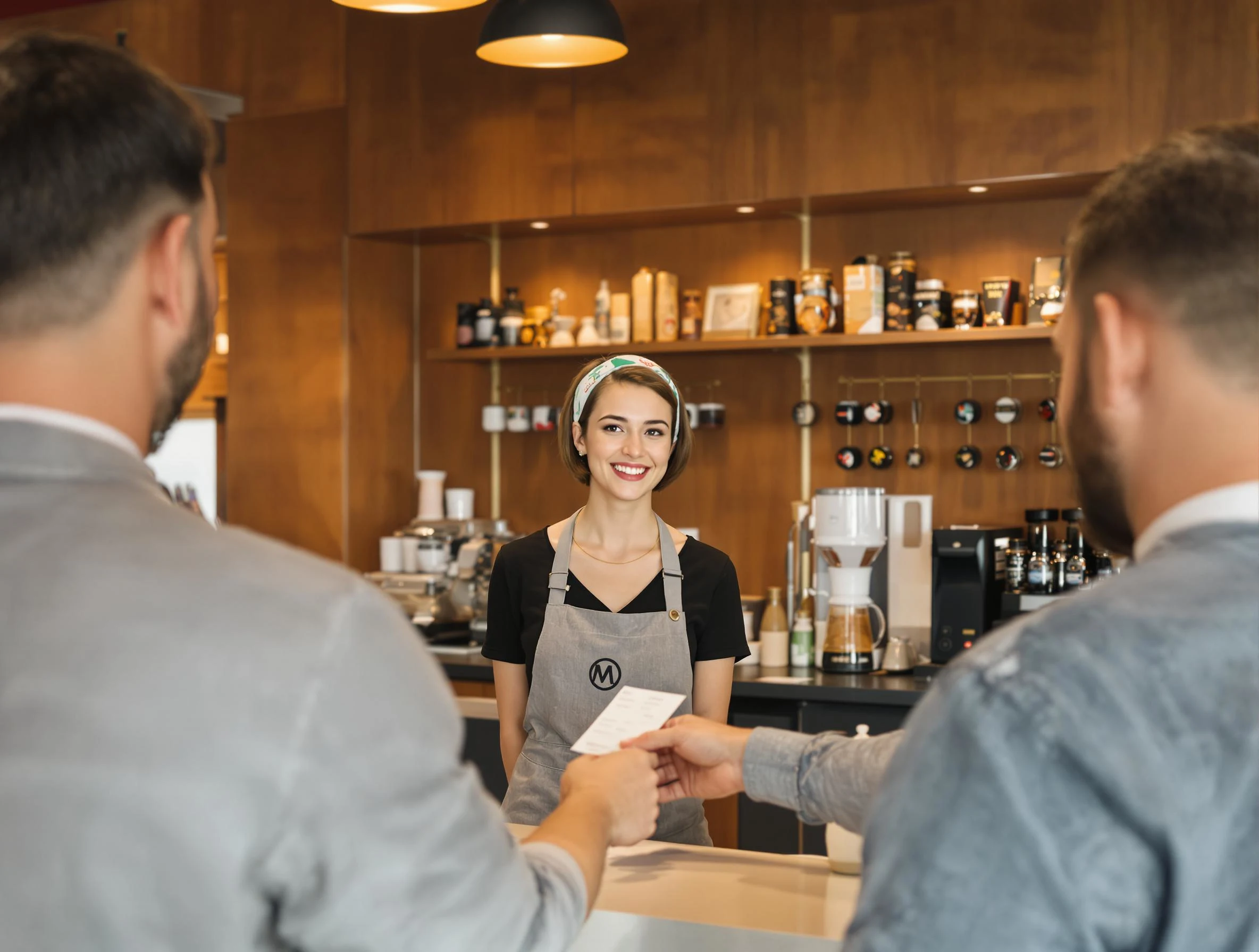 Create an image of a service desk in a contemporary cafe. The barista, a young woman with short hair, is smiling and handing a receipt to a customer. The customer, a man dressed casually, is reaching out to accept the receipt. The backdrop features warm wood paneling and shelves showcasing coffee-related items, but remove any brand logos or signage. The atmosphere should feel inviting and friendly, with soft, natural lighting.