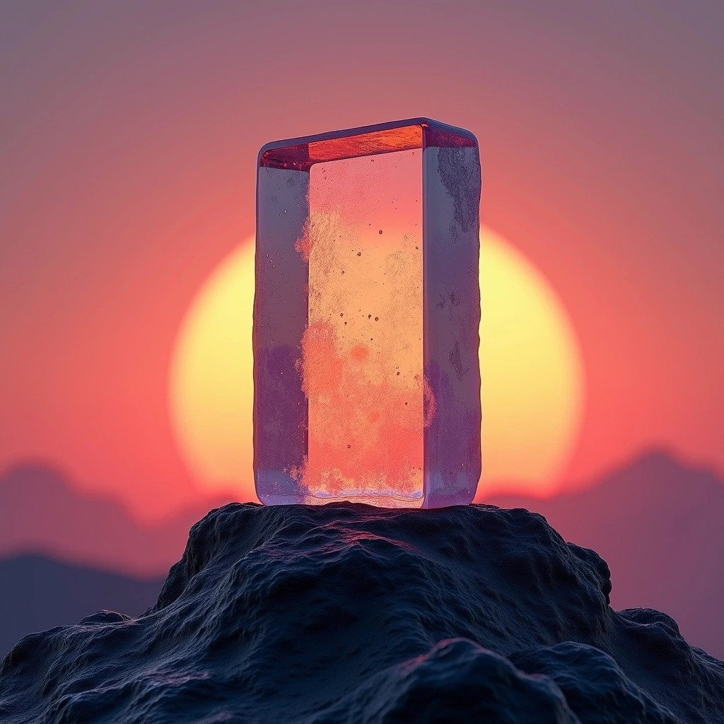Create an image featuring a rectangular, translucent stone with smooth edges, standing upright on a rugged, dark base. The background should showcase a vibrant sunset gradient, transitioning from deep coral to soft purple. Introduce subtle textures on the stone, reflecting light to create an ambient glow. Ensure the base has a more organic, uneven shape, contrasting with the sleekness of the stone.