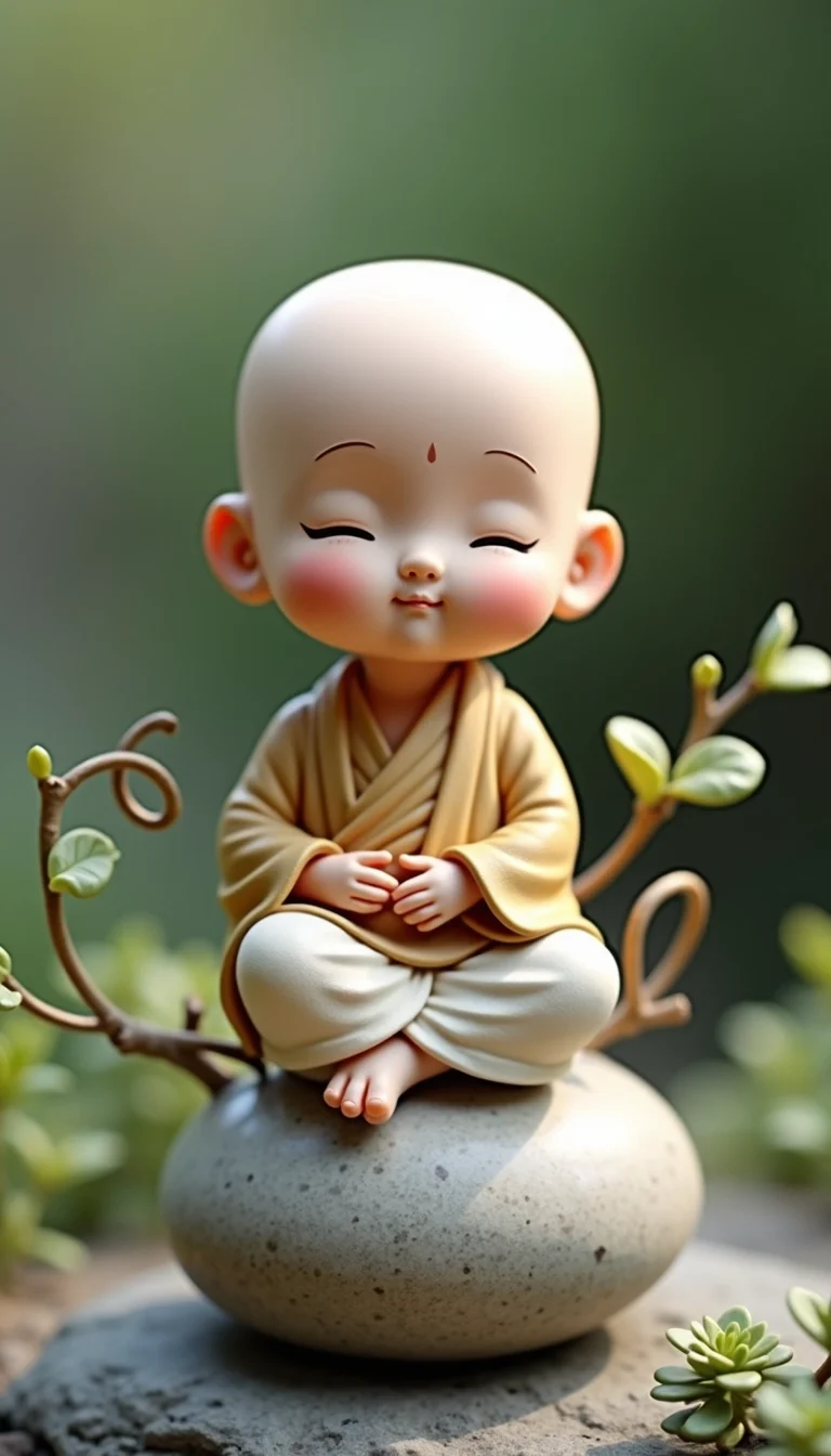 Create a serene figurine of a young monk with a round head and closed eyes, resembling a peaceful expression. Alter the clothing to feature light pastel hues instead of brown and white. Instead of a necklace, place a simple bracelet on one wrist. The figurine should sit atop a smooth, rounded stone instead of a gourd, with delicate vines or branches curving towards the top, adding an organic feel to the design. Surround the scene with subtle greenery for a calming atmosphere.