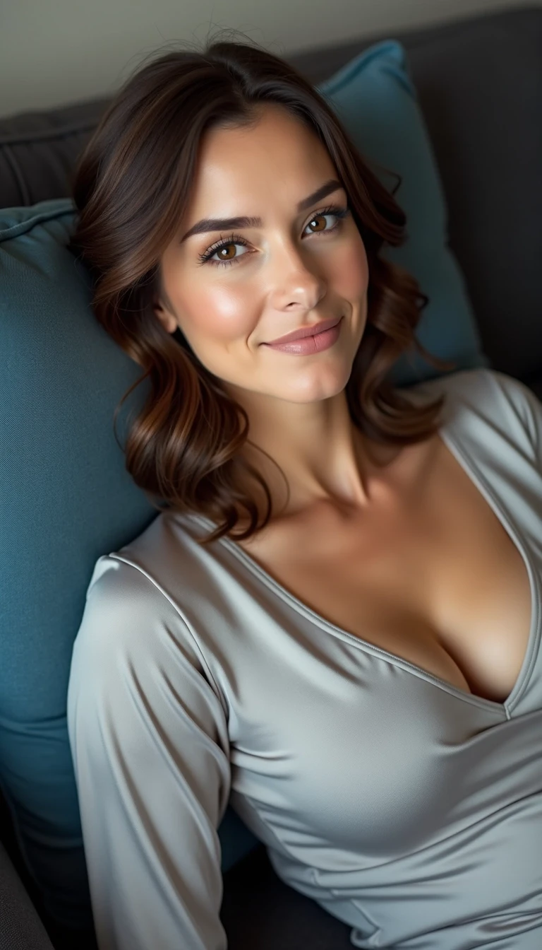 **Prompt:**
Create an image featuring a woman reclining comfortably on a dark sofa, with a soft blue cushion beside her. She has medium-length, wavy brown hair and is wearing a light grey, silky top. The expression on her face is calm and relaxed, with subtle makeup, emphasizing a natural look. The background should be softly blurred to keep the focus on her, while gentle natural light enhances the cozy atmosphere of the scene.