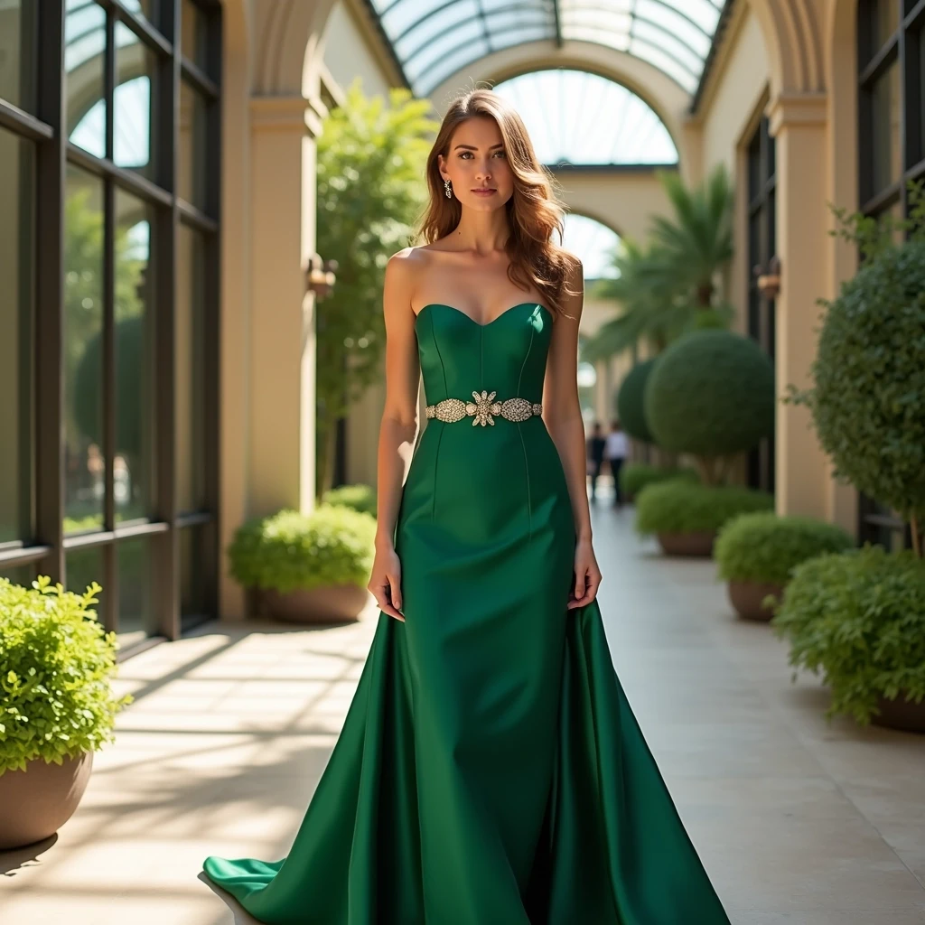Design a sophisticated evening gown featuring:
1. **Color**: Change from silver to a rich emerald green.
2. **Material**: Use a soft satin instead of sequined fabric for a smooth finish.
3. **Silhouette**: Modify the cut to a classic A-line instead of a form-fitting style.
4. **Neckline**: Shift from a deep V to a subtle sweetheart neckline.
5. **Details**: Replace the fringe with elegant draping on one side for added flow.
6. **Setting**: Depict the model in a modern, upscale atrium filled with natural light and lush greenery.
Ensure the atmosphere reflects an elegant soirée vibe without any brand references.