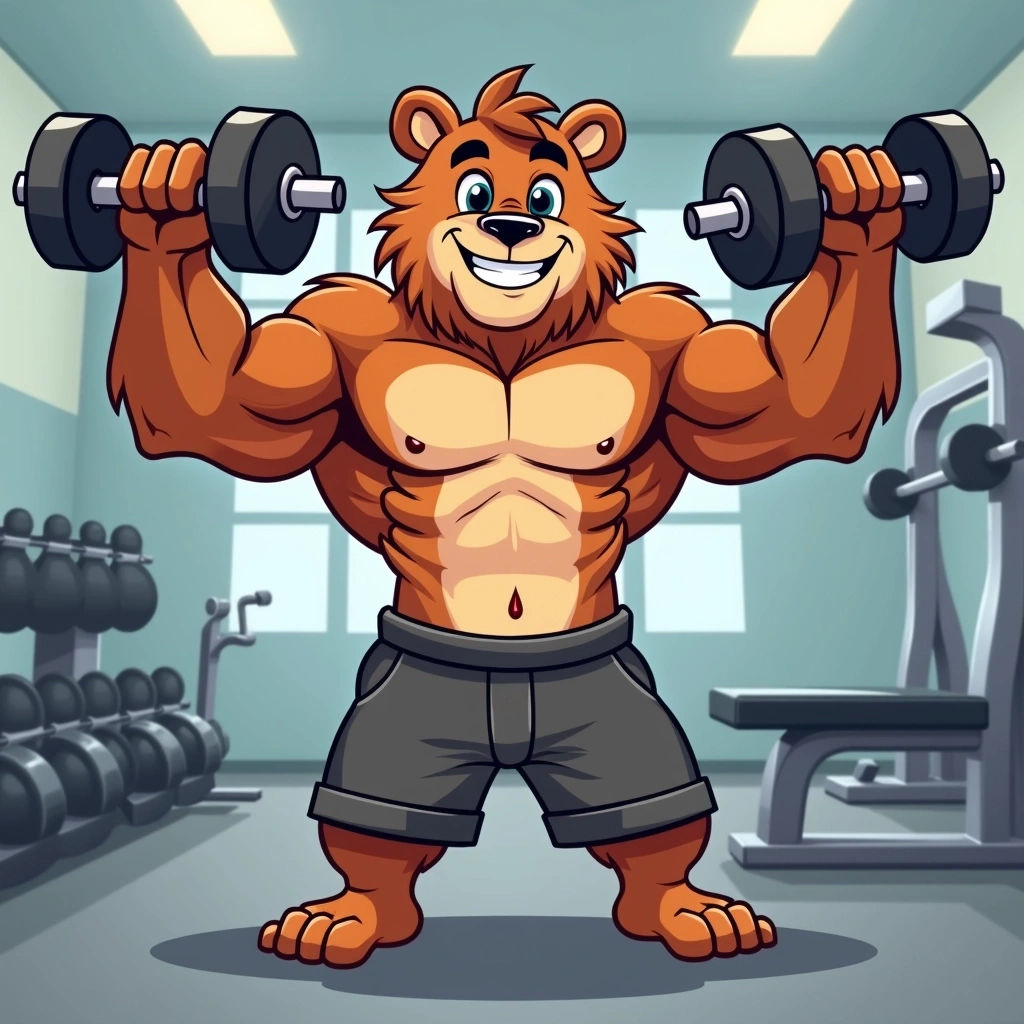 Create an illustration of a muscular animal character, such as a bear or a gorilla, standing confidently in a gym. The character should hold dumbbells in each hand, showcasing strength. Instead of a lion, give it a different kind of fur and a more simplified face design, retaining a playful and cartoonish style. The background should feature gym equipment like a bench press and barbells, but without any brand logos or specific labels. The character can wear baggy shorts and have a friendly, determined expression.