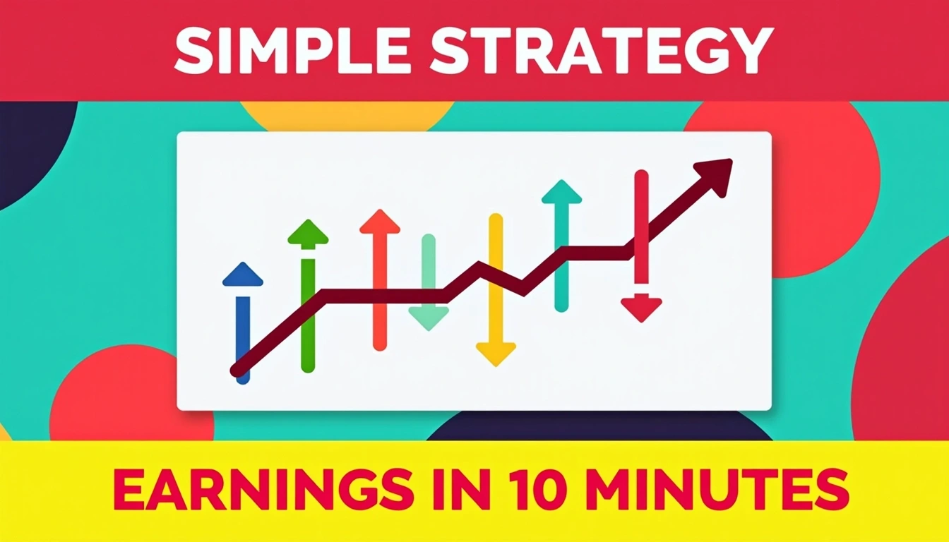 Create a visually engaging image featuring a vibrant background with abstract geometric shapes. In the center, place a simplified line chart showcasing upward and downward trends, marked by colorful arrows indicating key points. Use a bold, easy-to-read font for the text at the top, stating "SIMPLE STRATEGY" in white. At the bottom, include a bright yellow banner with the text "EARNINGS IN 10 MINUTES" in a contrasting color. Ensure the overall color scheme is balanced and visually appealing, avoiding any brand references.