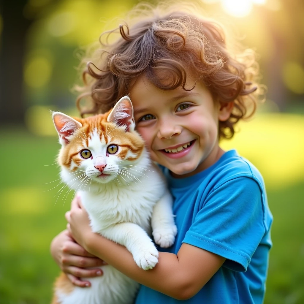 Create an image featuring a young child with curly hair smiling joyfully. Instead of a dog, have the child hugging a fluffy cat with a playful expression. The background should be a sunny park with lush green grass and soft sunlight filtering through trees, giving a warm and cheerful atmosphere. The child is wearing a bright blue t-shirt, and the cat is primarily white with patches of orange.