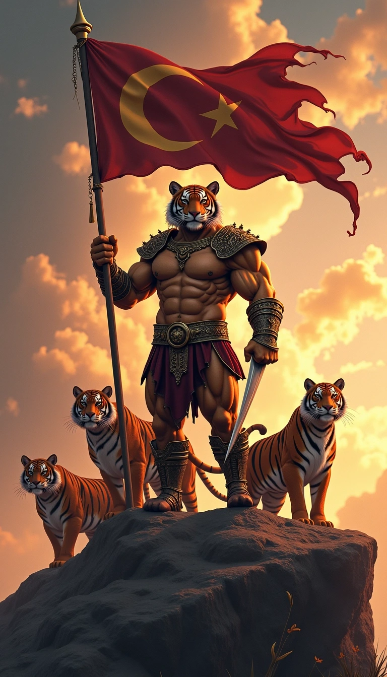 Create an image of a powerful, muscular tiger humanoid standing triumphantly on a rocky outcrop, holding a flag with a crescent moon and star design. The background should feature a dramatic, fiery sky with swirling clouds. Surround the central figure with several smaller tigers, emphasizing their unity and strength. The humanoid should wear ornate shoulder armor and wield dual curved blades, conveying a sense of majesty and dominance.