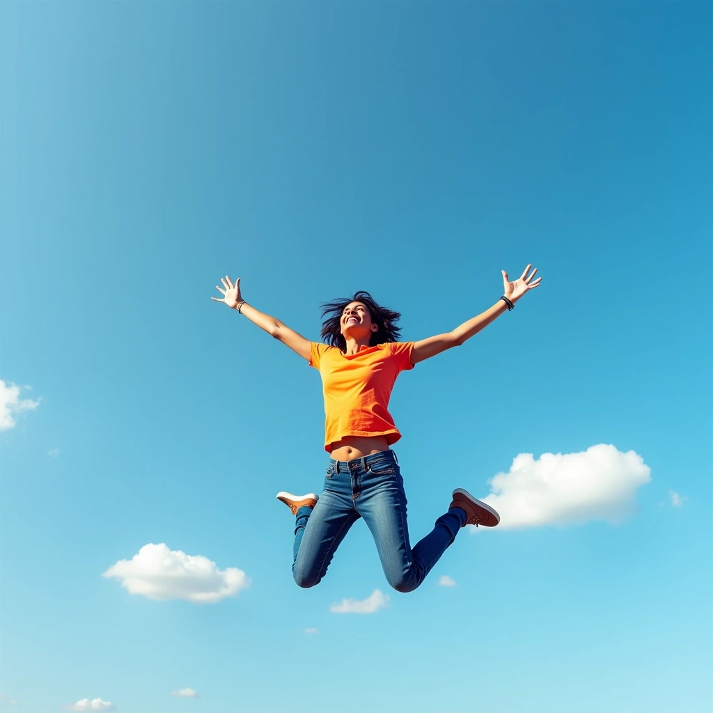 Create an image of a person in a dynamic pose, joyfully leaping into the air against a clear blue sky. The individual should be wearing casual attire, like a colorful t-shirt and jeans, instead of formal business clothing. The expression should convey excitement and happiness, with arms outstretched. The background should feature a few fluffy white clouds to add a sense of playfulness, while ensuring there are no brand logos or references.