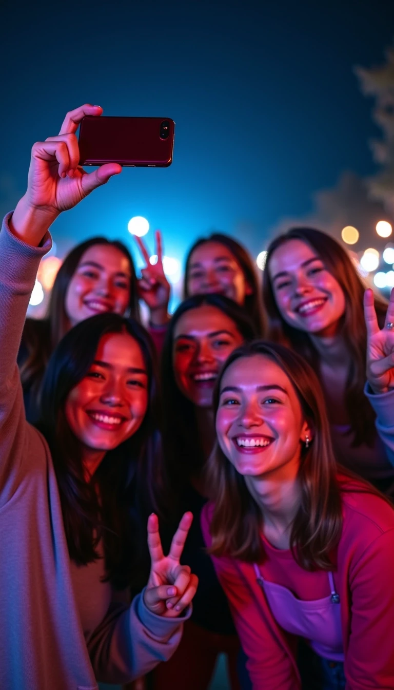 Create an image featuring a group of friends gathered together for a selfie during a night outing. The setting should be outdoors, with a dark background illuminated by soft, colorful LED lights in shades of blue and purple. The friends should be posing happily, with some giving peace signs and big smiles. Change the clothing styles to casual wear in a variety of colors, and ensure there are no logos or brand references visible. Adjust the angle to capture more of the group while keeping the joyful atmosphere intact.