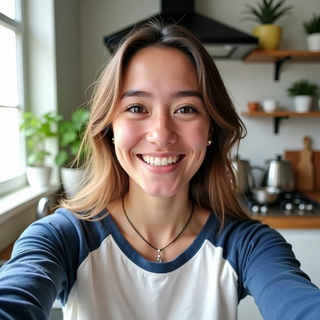 - **Subject**: A young woman with a friendly smile, captured in a candid selfie.
- **Pose**: Slightly tilted head, giving a relaxed and approachable vibe.
- **Outfit**: A plain long-sleeve shirt with blue sleeves and a white body; consider replacing it with a solid color t-shirt for a casual look.
- **Background**: A kitchen setting with a neutral color palette; modify by adding a pop of color with houseplants or decorative items.
- **Lighting**: Soft, natural light coming from a nearby window; maintain this but change the time of day for a warmer tone.
- **Accessories**: Simple necklace; consider removing it or swapping for a different style, like stud earrings.
- **Objects in the background**: Remove any brand-specific items and replace them with generic kitchen items.
Create a similar design focusing on a fresh, casual home atmosphere.