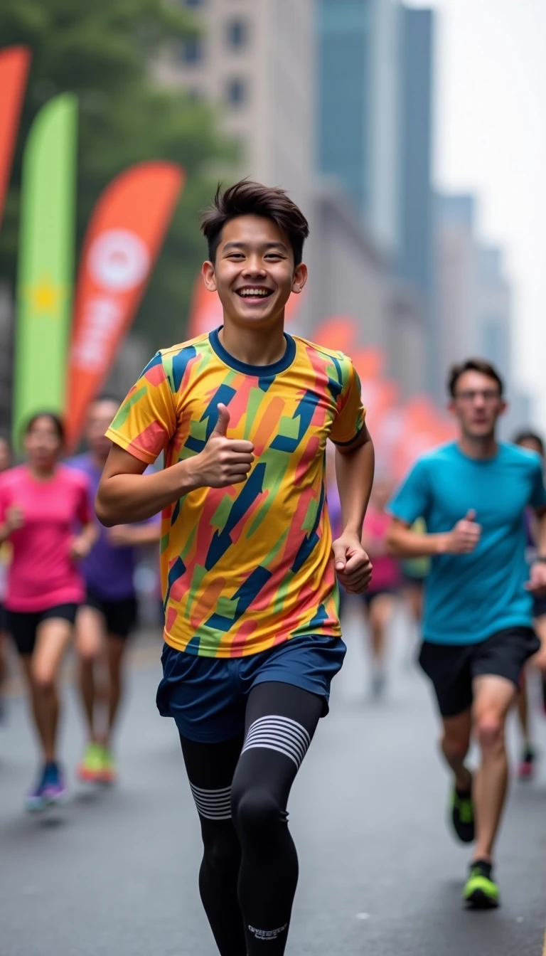 Create an image of a joyful runner participating in a marathon. The runner, a young individual, wears a bright, patterned t-shirt that features abstract designs in various colors. They sport navy blue shorts and black leggings that have reflective stripes for visibility. The runner is smiling and giving a thumbs-up gesture. 

In the background, various runners in athletic attire—some in neon colors and others in solid hues—are seen in motion, displaying a lively atmosphere. The scene is set outdoors with blurred city buildings and colorful flags lining the course. 

Include a watermark in a bold, diagonal style across the image that reads "EVENT PHOTOS."