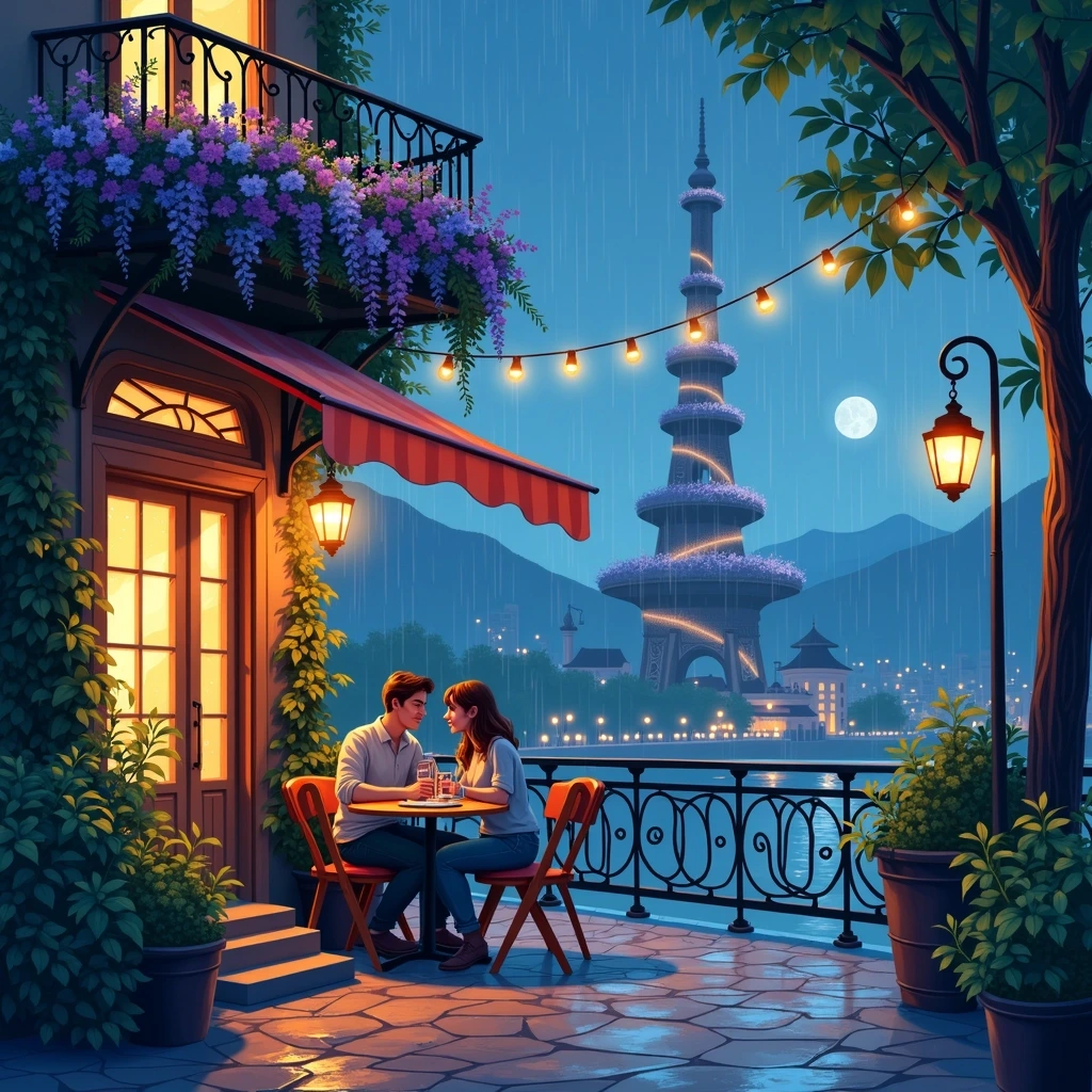 Create an illustration featuring a cozy outdoor café scene during a rainy night. Replace the iconic landmark with a whimsical tower that has a unique design, perhaps with spiral features and lanterns adorning its sides. The couple at the table should be engaged in conversation, with soft glowing string lights overhead creating a warm ambiance. Instead of vibrant purple flowers, use a mix of blue and white blossoms intertwined with lush greenery. The wet pavement should reflect the moonlight and lights, enhancing the romantic atmosphere without any brand references.
