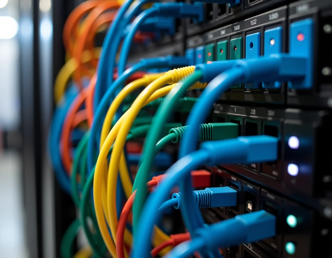 Create an image of a server rack filled with various colored cables loosely arranged, avoiding brand labels. The rack should have a more organized layout, with cables labeled and separated by color: blue, green, yellow, and red. Ensure the background is a clean, neutral color, and add small LED indicators on the patch panels to show activity. Adjust the lighting to create a more modern and high-tech ambiance.