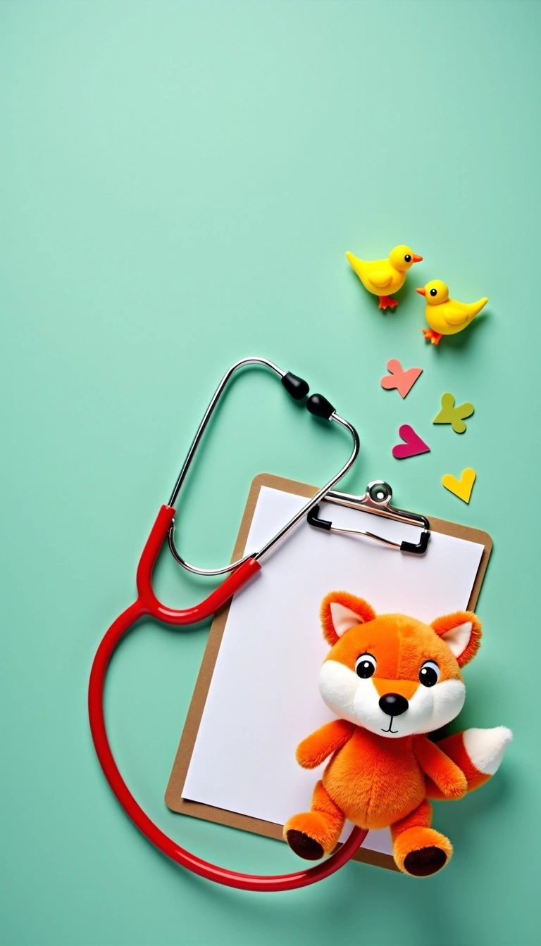 Create a flat lay design featuring a playful, plush fox toy instead of the bunny. Use a pastel green background instead of blue. Change the stethoscope to a vibrant red one. Replace the yellow chicks with small, colorful dinosaur toys. Include a notepad and colorful stickers instead of a clipboard and pills, ensuring the overall composition feels cheerful and inviting.