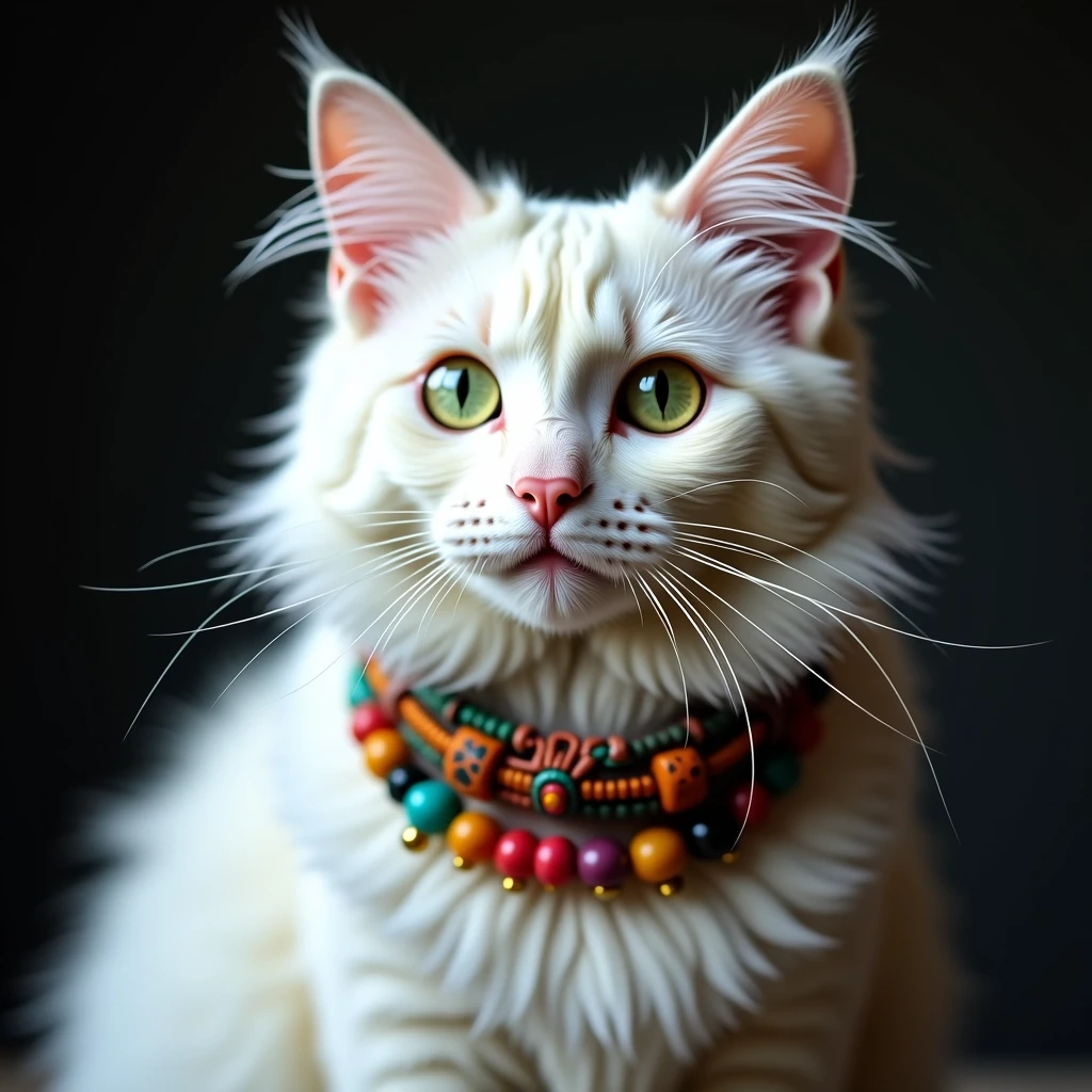 Create an image of a fluffy white cat with striking green eyes. The cat should be sitting proudly against a dark, blurred background. Instead of a chain, it's adorned with a colorful, intricate collar made of beads. The expression on the cat's face should convey a mix of curiosity and confidence.