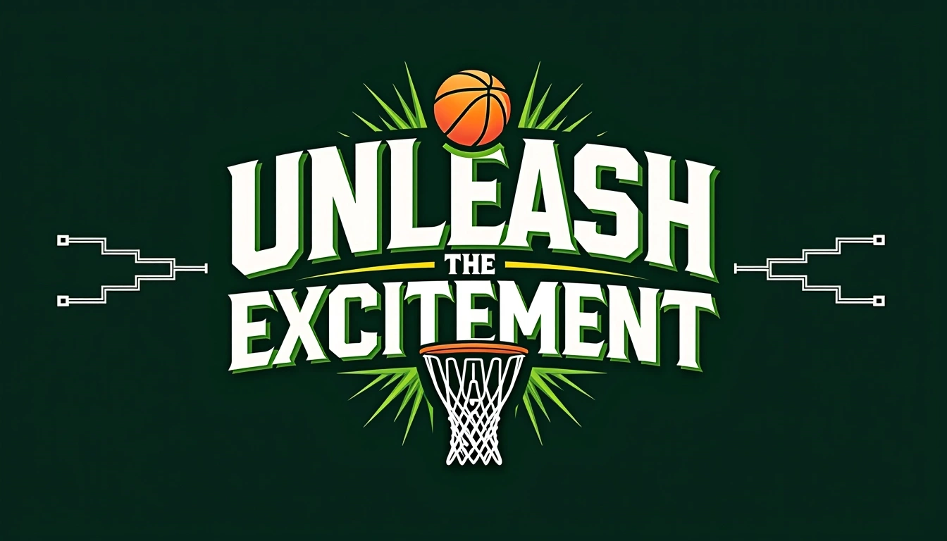 Redesign the image to feature the phrase "UNLEASH THE EXCITEMENT" in bold, energetic typography. Replace the basketball and hoop with a stylized soccer ball and goal net, maintaining a similar layout. To the sides, incorporate empty brackets, but modify them to represent a tournament format for a different sport, like soccer. Use a vibrant color palette of green and white against a dark background for a fresh aesthetic.