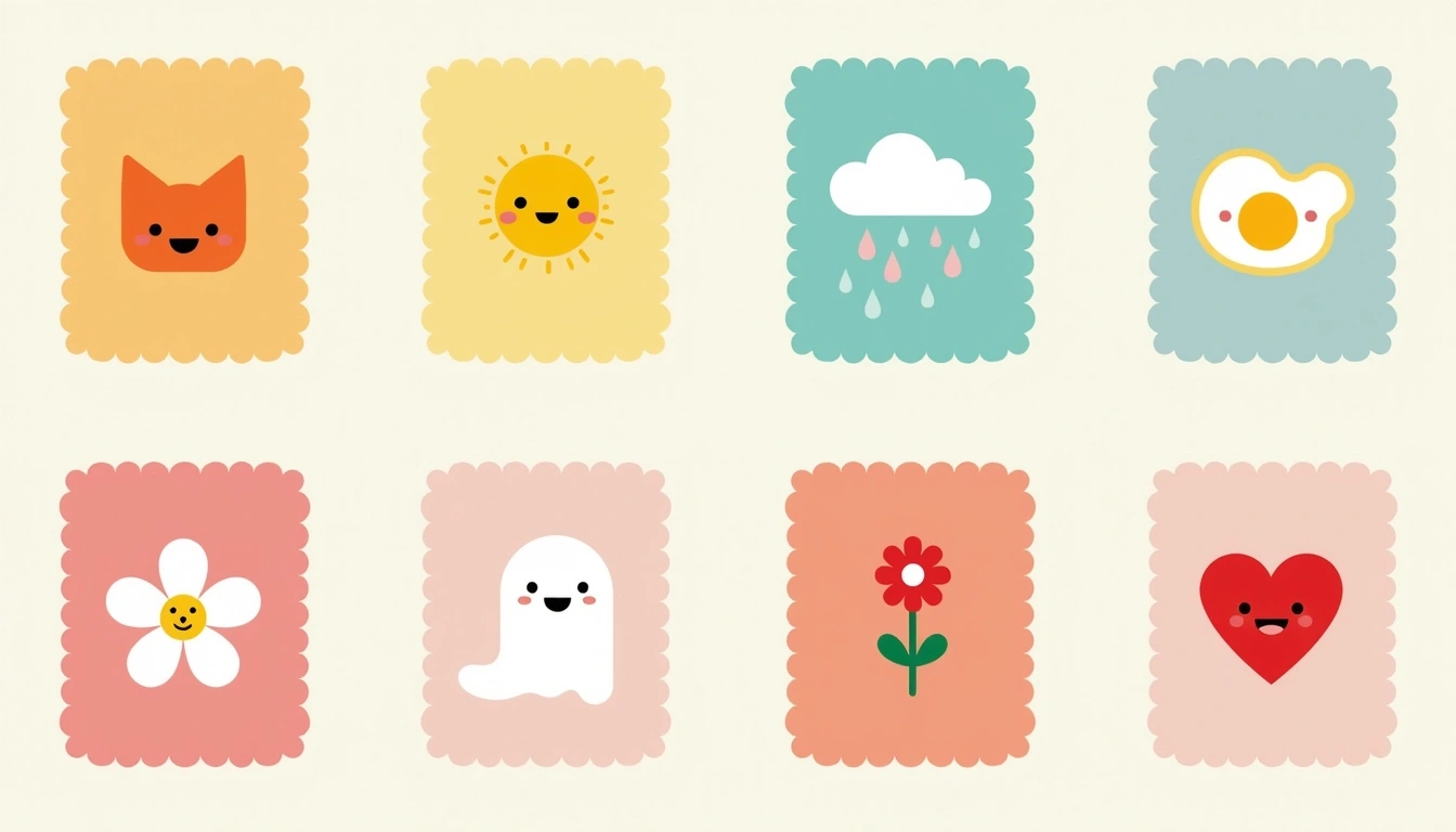 Create a design featuring nine individual card layouts arranged in a 3x3 grid. Each card should have a scalloped edge and display a unique, playful icon in the center, with a different color background for each card.
1. **Top Row:**
- Left: A simple silhouette of a cat.
- Middle: A whimsical star.
- Right: A fluffy cloud with raindrops.
2. **Middle Row:**
- Left: A sunny yellow background with a smiling sun.
- Middle: A pastel blue background with a fried egg icon.
- Right: A vibrant flower with petals.
3. **Bottom Row:**
- Left: A pastel pink background featuring a cartoonish unicorn.
- Middle: A cute little ghost.
- Right: A red heart with a cheerful face.
Remove any brand references and focus on a bright, fun aesthetic suitable for a youthful audience. The text at the top should be generic and festive, inviting celebration without specific branding, while the colors should be soft and inviting.