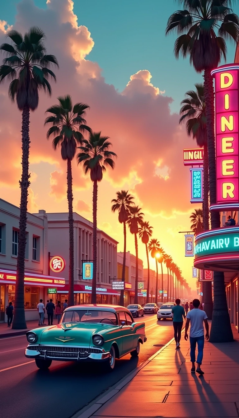 Create a vibrant city street scene at sunset, featuring a classic car parked along a palm-lined boulevard. Replace the neon signs with colorful, retro-style banners displaying generic diner names. Add a mix of modern and vintage buildings in soft pastel colors, while maintaining a rich, cloud-speckled sky transitioning from orange to deep blue. Include bustling pedestrians in casual attire, enhancing the lively atmosphere. Remove all brand references from signage and ensure the composition highlights the warm glow of the setting sun reflecting off the street.
