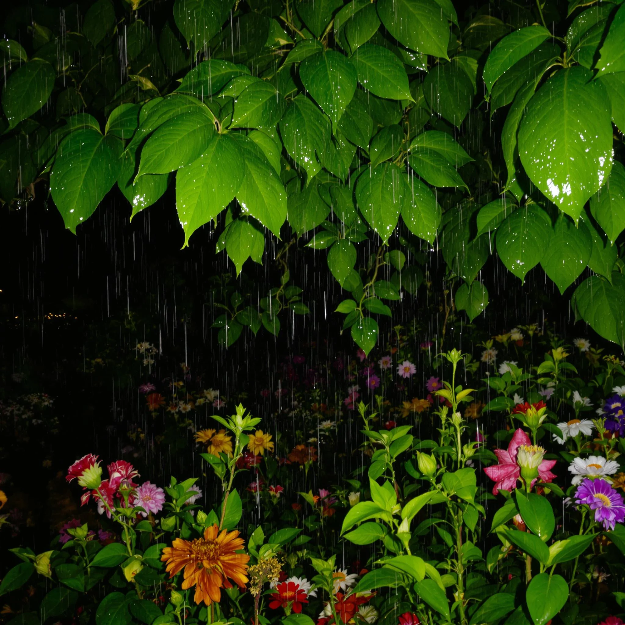 Create an image of a lush garden scene during a gentle rain. The focus should be on vibrant green leaves with droplets of water clinging to them, shimmering in the dim light. Alter the setting to include a variety of colorful flowers, adding pops of color among the greens. Instead of a uniformly dark backdrop, use a lighter, misty atmosphere that conveys a serene, calming ambiance. Adjust the angle to capture a wider view of the garden, emphasizing depth and the interplay of light and shadows in the wet environment.