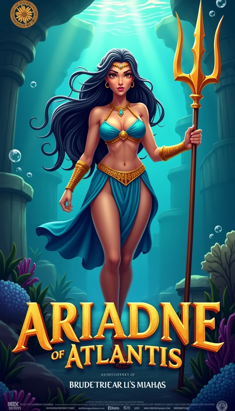 Create a poster featuring a heroic character named "Ariadne of Atlantis."
1. **Character Design**: Portray Ariadne as a strong, fierce figure, holding a trident instead of a spear. She has long, wavy hair and wears an ornate tunic with a modern twist, featuring vibrant blue and turquoise colors.
2. **Background**: Set the scene in an underwater city with ancient ruins, coral reefs, and bubbles. Incorporate whimsical sea creatures in the background.
3. **Typography**: Use bold, stylized lettering for the title "ARIADNE of ATLANTIS." Place a tagline above that reads, "An Epic Journey Beneath the Waves."
4. **Additional Elements**: Instead of brand references, include mystical symbols or runes scattered throughout the background, and a small map of Atlantis in the corner, hinting at the journey.
5. **Color Palette**: Incorporate deep blues, greens, and hints of gold to create an underwater vibe.
6. **Credits**: At the bottom, replace names with fictitious production companies and creators, maintaining a cinematic format.