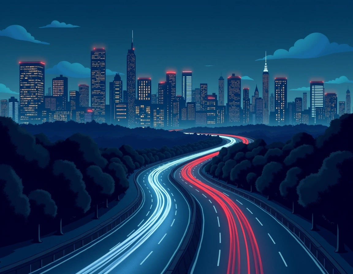 **Prompt:**
Design an urban nighttime scene focused on a city skyline. Use a darker color palette to emphasize the buildings illuminated by soft lights. Replace the road with a winding path showcasing light trails from vehicles, but change the vehicle colors to blue and white. Remove any recognizable brand features from the buildings, replacing them with generic architectural elements. Include a few scattered clouds in the sky to create depth, and ensure the overall mood is moody yet inviting.