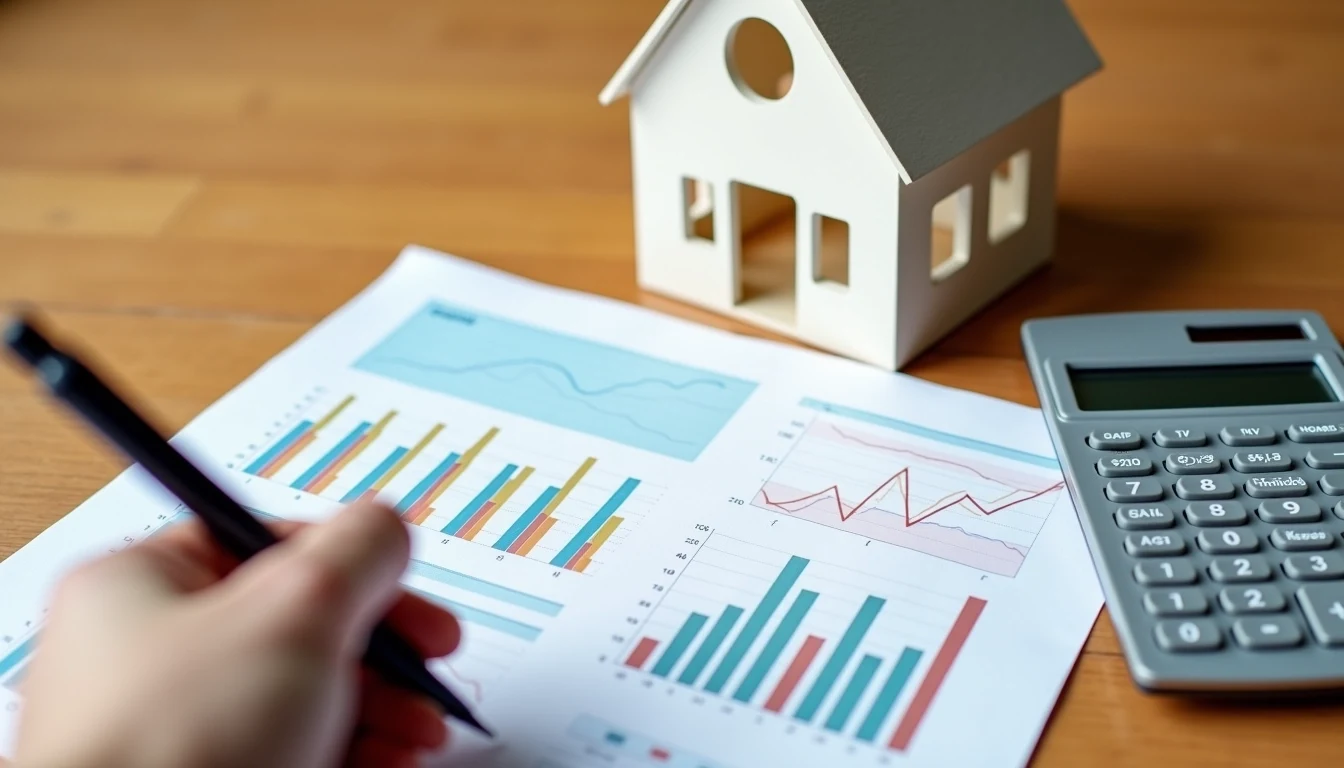 **Prompt:**
Create an image of a desk workspace featuring a simplified model of a modern house, with the house colored in neutral tones. In the foreground, place a hand holding a sleek black pen, writing on a sheet of financial data filled with numbers, but add colorful charts in different hues alongside it. To the side, position a basic scientific calculator with a digital display showing various calculations, ensuring there are no brand logos visible. The surface should be a warm wood finish, contributing to a professional yet inviting atmosphere.