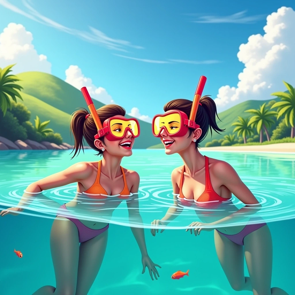 **Image Prompt: Redesign the scene featuring two individuals snorkeling in a clear ocean.**
- **Background:** Captivating tropical landscape with vibrant green hills and bright blue sky, featuring soft white clouds.
- **Subject:** Replace the snorkeling gear with bright red and orange equipment. The individuals should be wearing lightweight, colorful swimsuits and have different hairstyles (one with short hair and the other with a ponytail).
- **Expression:** Capture them laughing and enjoying the water, emphasizing a sense of joy and adventure.
- **Water Detail:** Illustrate the surface of the water with shimmering reflections and a few playful fish visible beneath the surface.
- **Atmosphere:** Create a sunny day vibe, combining elements of fun, exploration, and a connection to nature.