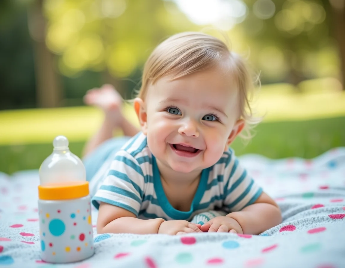 **Image Design Breakdown:**
1. **Child Positioning**: A child is centered, lying on their back. Change the position to a sitting pose for a different perspective.
2. **Facial Expression**: The child has a curious expression. Alter it to a joyful smile to convey happiness.
3. **Bottle Design**: The bottle is mostly clear with a colored cap. Change it to a bright, solid color with fun patterns to enhance visual appeal.
4. **Clothing**: The child is wearing a striped onesie. Replace the stripes with playful polka dots in vibrant colors.
5. **Background**: The setting appears cozy and homely. Adjust the background to a softly blurred park scene to create an outdoor vibe.
6. **Accessories**: The child is holding a teething toy. Replace it with a colorful plush toy to add variety.
7. **Textured Blanket**: The child is lying on a patterned blanket. Change it to a smooth, solid color fabric for simplicity.
8. **Lighting**: The current lighting is natural and soft. Shift it to a brighter, more cheerful ambiance to enhance the mood.
These alterations maintain the essence of the original design while providing a fresh perspective.