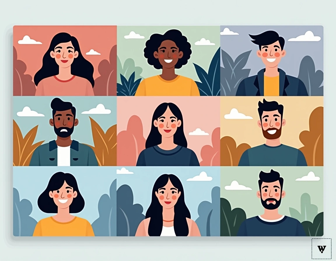 Design a virtual meeting grid layout featuring nine participants arranged in three rows. The top row displays three participants, the middle row has three, and the bottom row contains three.
- Change background settings: Use varied abstract or nature-themed backgrounds instead of a recognizable cityscape.
- Alter participant attire: Switch to casual wear to create a more relaxed atmosphere.
- Adjust video framing: Make sure all participants’ faces are clearly visible, with a soft focus on the background.
- Remove any brand logos or names but keep name tags for each participant.
- Enhance the color scheme: Opt for softer pastel colors for the video borders and grid lines to create a welcoming vibe.
- Include a chat or interaction button at the bottom right, but change the text to "Join Discussion" instead of "Ask to unmute."
The overall aim is to maintain a professional yet approachable feel for a virtual gathering.