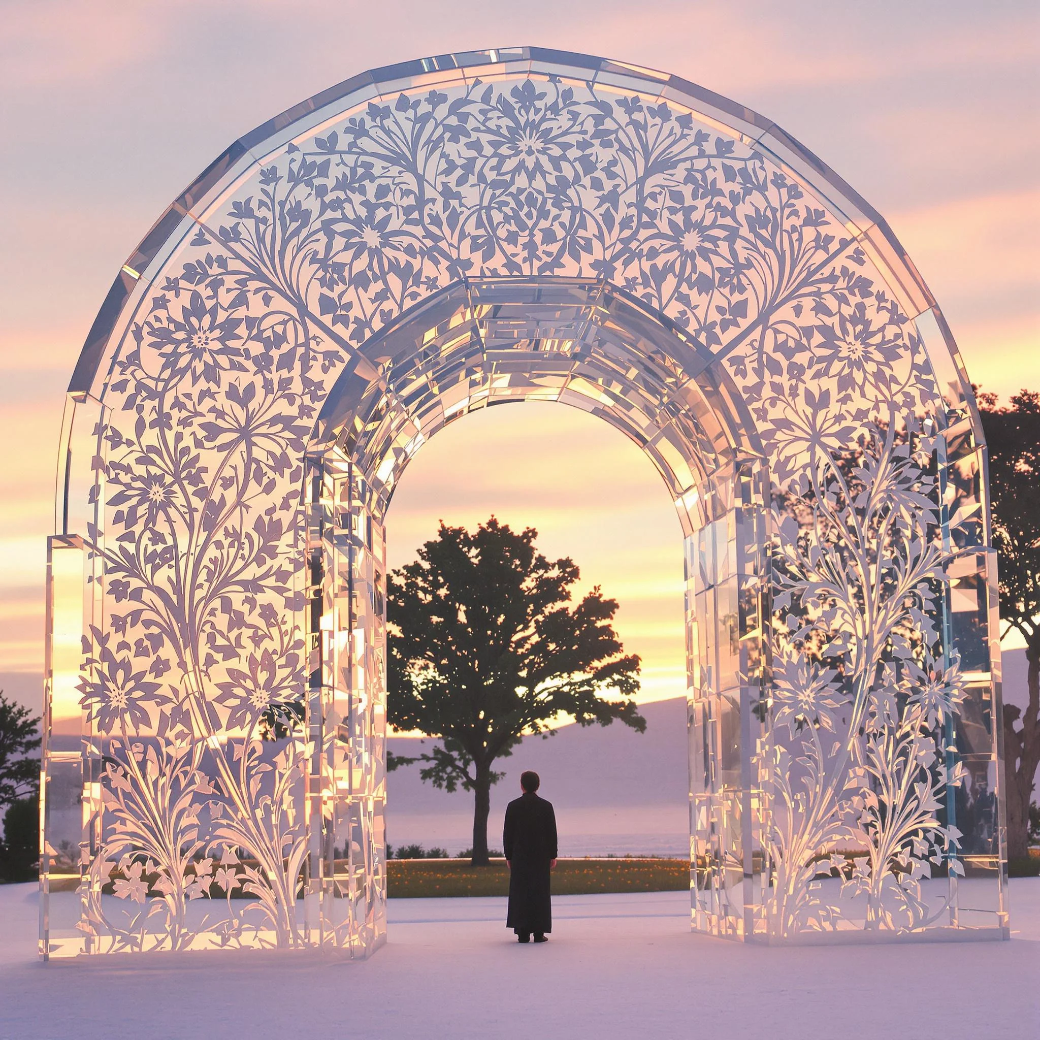 Create an image featuring a grand archway made of smooth, shimmering crystal. The archway should have intricate patterns resembling delicate flowers etched onto its surface, capturing the light at sunset, casting soft pastel hues in the background. Replace the person standing beneath the arch with a silhouette of a tree, adding a touch of nature. The ground should be covered in soft, white sand instead of ice, enhancing the serene atmosphere.