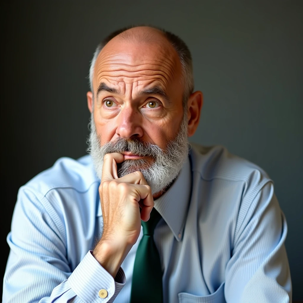 Create an image of a thoughtful older man sitting with a contemplative expression. He has a shaved head and a salt-and-pepper beard. Dress him in a light blue, collared shirt with subtle stripes and a loosely knotted deep green tie without any patterns. The background should be softly blurred to emphasize the man. His hand should be resting thoughtfully on his chin, conveying a sense of reflection or concern.