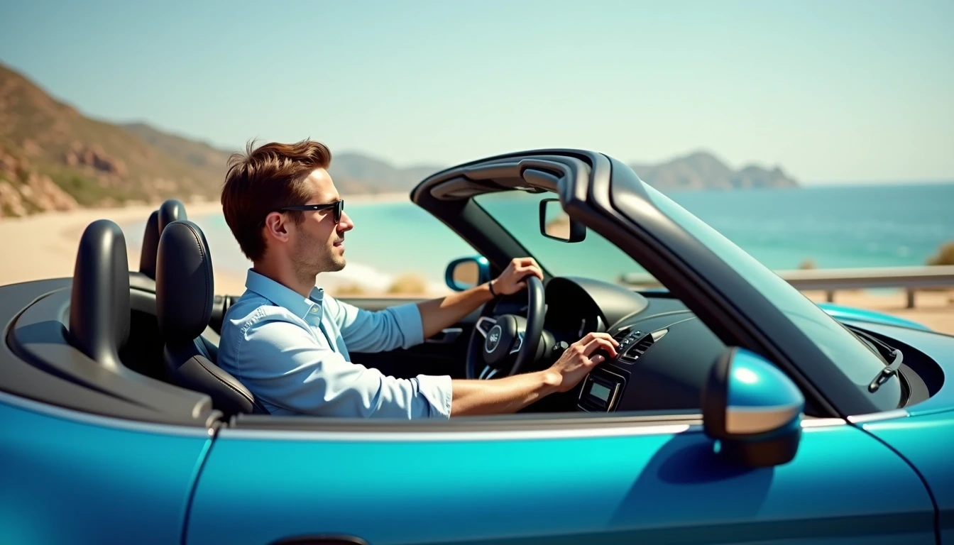 Design a scene featuring a man in a convertible car. The man should wear a casual outfit, like a light button-up shirt and stylish sunglasses. The car's interior should have a modern aesthetic with a combination of leather and fabric seats. The dashboard can feature a sleek touchscreen display and minimalistic controls. Change the color of the car to a vibrant blue, and make the background a scenic coastal drive instead of a racetrack. Remove any brand logos or references.
